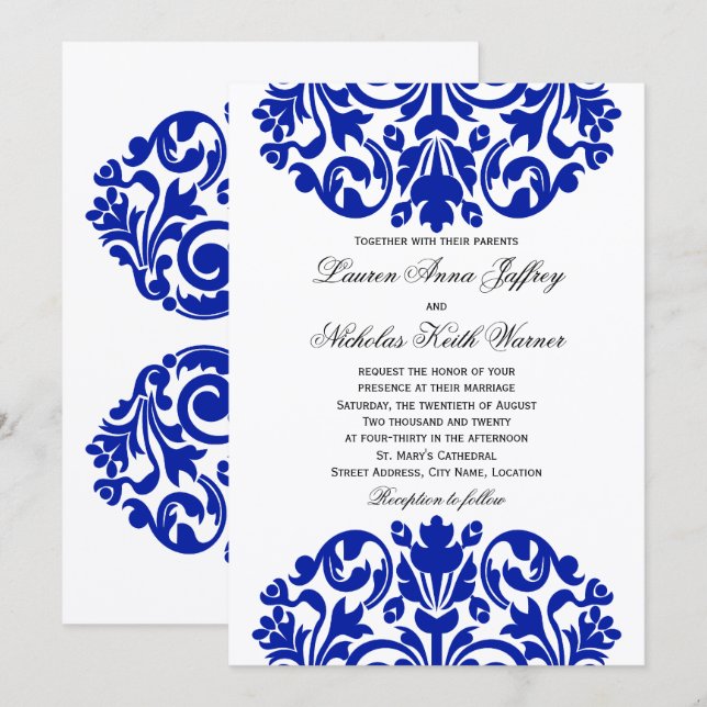 Invitación Boda real de damasco azul (Anverso / Reverso)