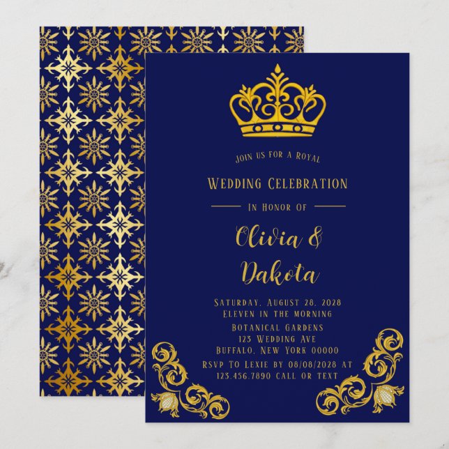Invitación Boda Real de Damask azules y dorados (Anverso / Reverso)