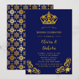 Invitación Boda Real de Damask azules y dorados
