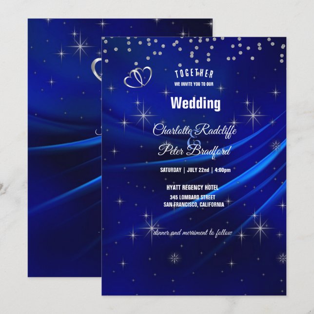 Invitación Boda Real de Diamantes Azules y Corazones (Anverso / Reverso)