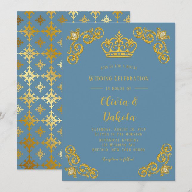 Invitación Boda Real de Dusty Blue y Gold Crown Damask (Anverso / Reverso)