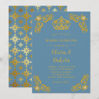 Boda Real de Dusty Blue y Gold Crown Damask
