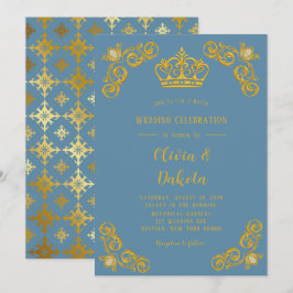 Invitación Boda Real de Dusty Blue y Gold Crown Damask