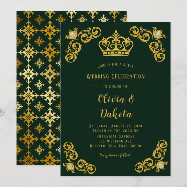 Invitación Boda real de Emerald Green y Gold Damask (Anverso / Reverso)