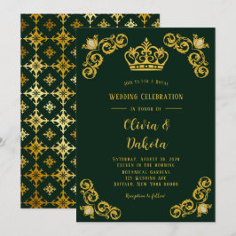 Invitación Boda real de Emerald Green y Gold Damask