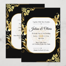 Invitación Boda Real de Lujo Negro y Dorado