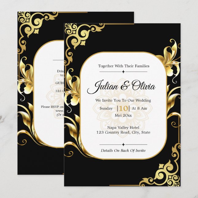 Invitación Boda Real de Lujo Negro y Dorado (Anverso / Reverso)
