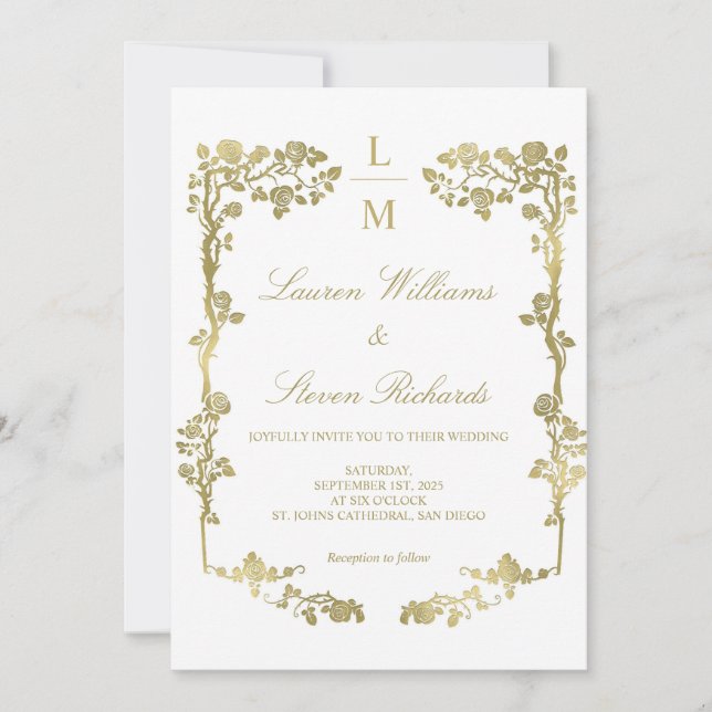 Invitación Boda Real De Marco Floral Blanco Y Oro personaliza (Anverso)