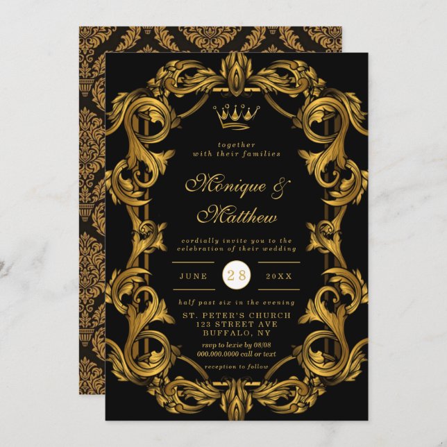 Invitación Boda real de oro negro de lujo Art Nouveau (Anverso / Reverso)