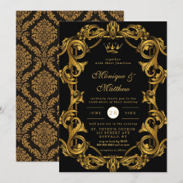 Invitación Boda real de oro negro de lujo Art Nouveau
