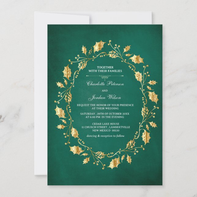 Invitación Boda real de oro y verde esmeralda (Anverso)