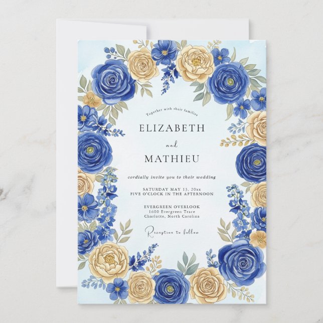 Invitación Boda Real de Primavera Azul Cobalto (Anverso)