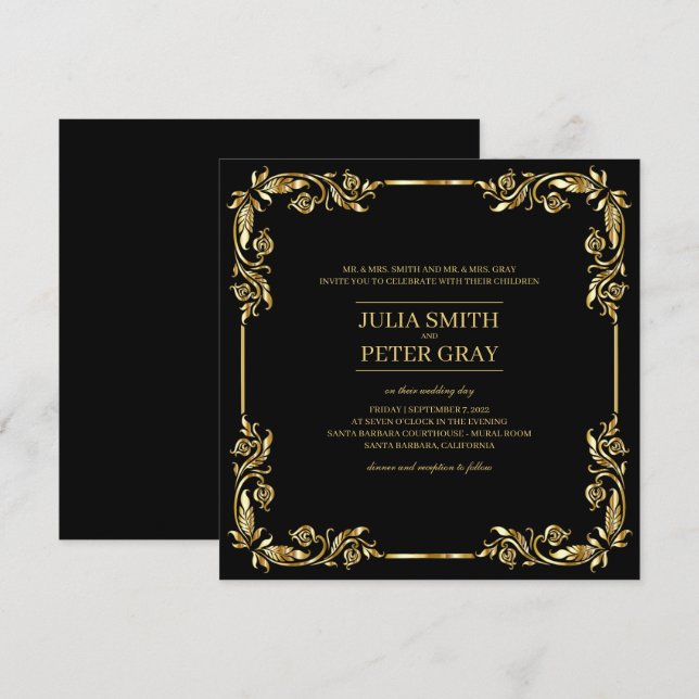 Invitación Boda Real de Vintage Black and Gold (Anverso / Reverso)