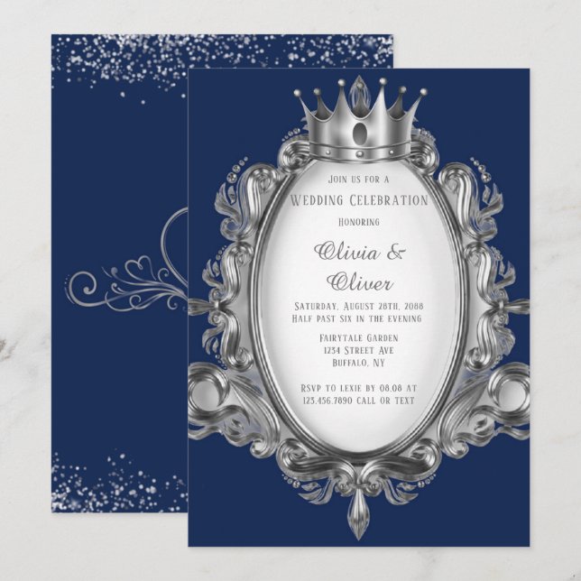Invitación Boda Real del marco azul y plateado de la Marina (Anverso / Reverso)