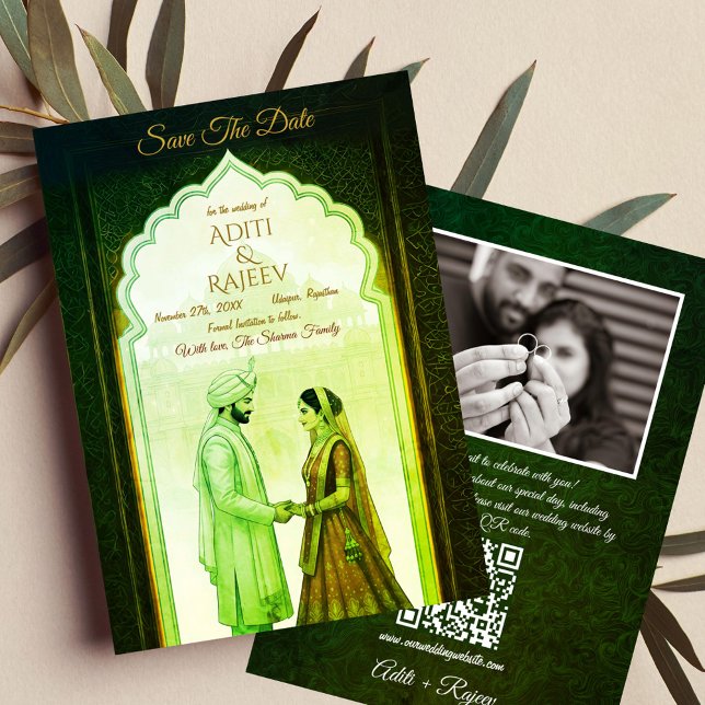 Invitación Boda Real del Palacio Indio Salven El Código QR De (Royal Indian Wedding Save The Date with Couple Image and QR Code in the backside.)