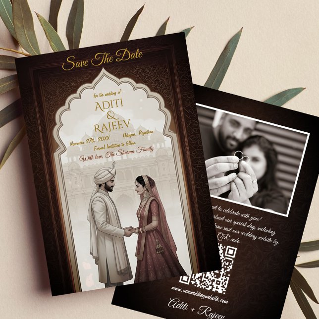 Invitación Boda Real del Palacio Indio Salven El Código QR De (Royal Indian Wedding Save The Date with Couple Image and QR Code in the backside.)