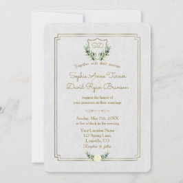 Invitación Boda Real Monograma Dorado Escudo Greenery