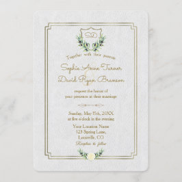 Invitación Boda Real Monograma Dorado Escudo Greenery