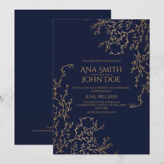 Invitación Boda Real Naval-Azul y Oro (Anverso / Reverso)