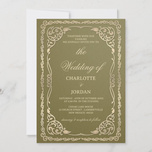 Invitación Boda Real Olive Green y Gold (Anverso)