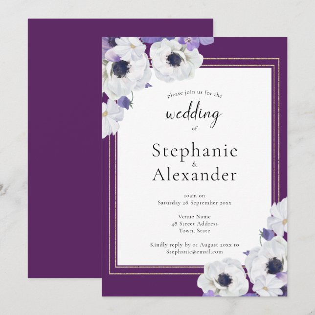 Invitación Boda Real Purple Floral Gold Frame (Anverso / Reverso)