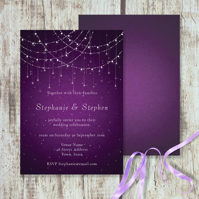 Invitación Boda Real Purple Swirl & String Lights (Subido por el creador)