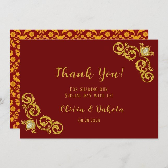 Invitación Boda Real Rojo y Oro Gracias Cartas (Anverso / Reverso)