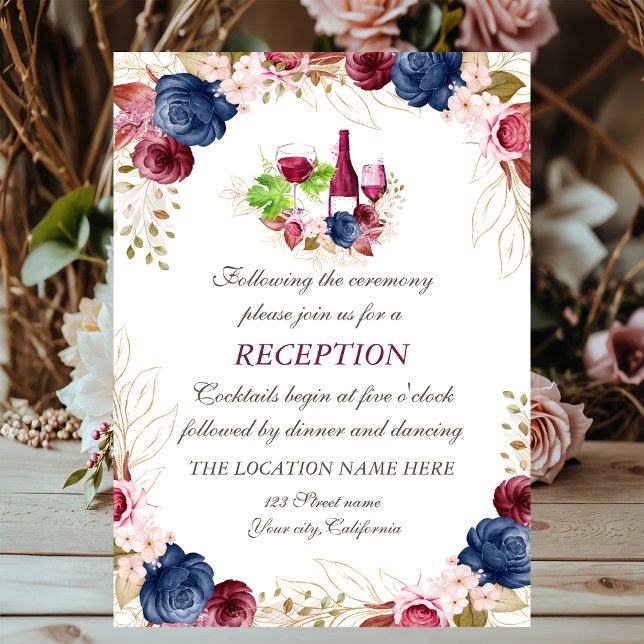 Invitación Boda Recepción Floral Azul Marino Tasring Vino (Subido por el creador)