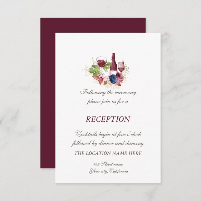 Invitación Boda Recepción Flores Borgoña Tasring Vino (Anverso / Reverso)