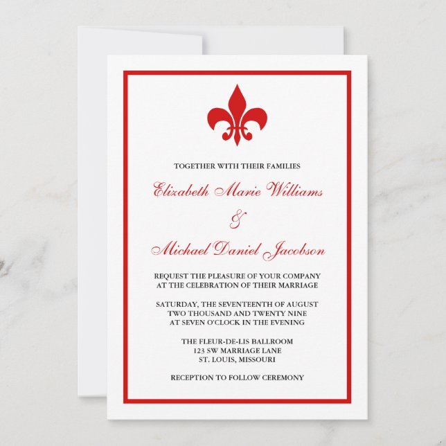 Invitación Boda Red and Black Fleur de Lis (Anverso)
