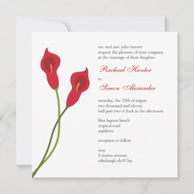 Invitación Boda Red Calla Lilies (Anverso)