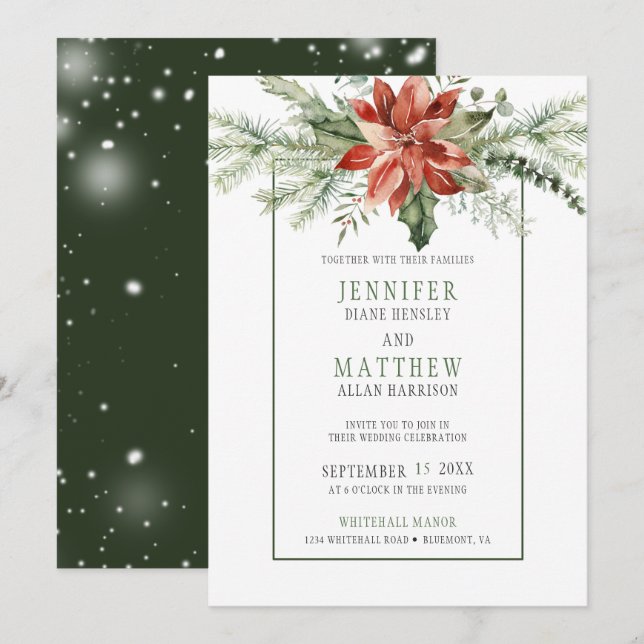 Invitación Boda Red Poinsettia & Evergreens Garland | (Anverso / Reverso)