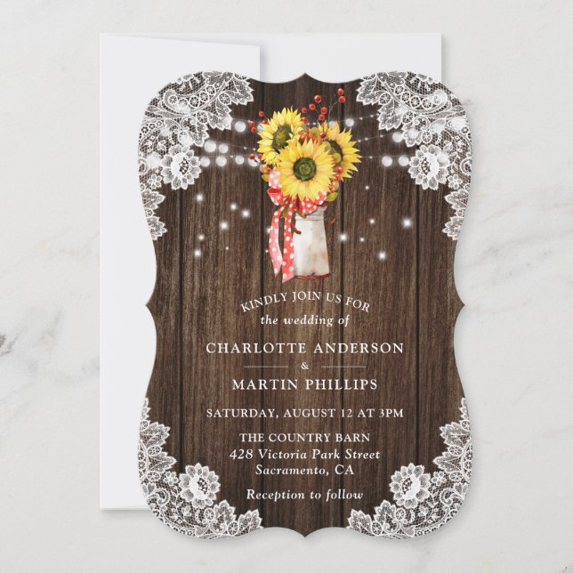Invitación Boda Red Sunflower Lace Wood String Lights (Anverso)