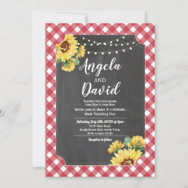 Invitación Boda Red White Sunflower Gingham Luces Florales