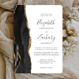 Invitación Boda Redondeada de Ágata Dorada Negra Moderna