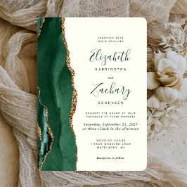Invitación Boda Redondeada de Marfil Ágata Dorada Verde Esmer