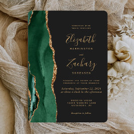 Invitación Boda Redondeada Esmeralda Verde Dorado Ágata Oscur
