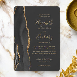 Invitación Boda Redondeada Moderna de Ágata Dorada Negra