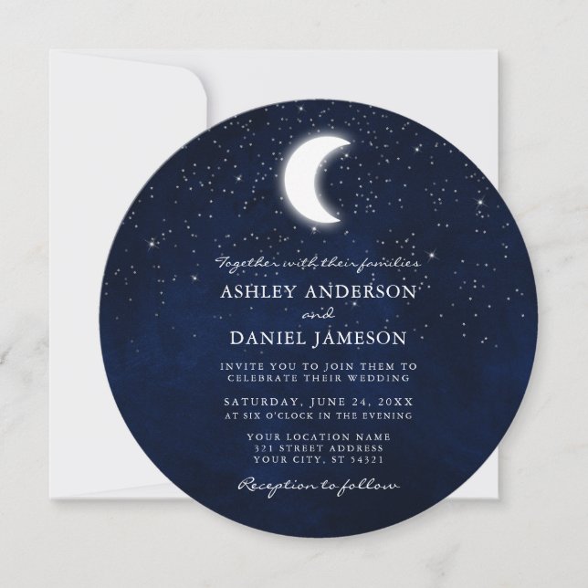 Invitación Boda redondo de lunas y estrellas celestes (Anverso)