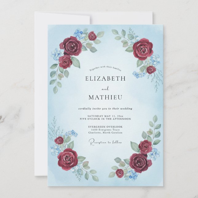 Invitación Boda Refinada Burgundy Pálido Azul (Anverso)