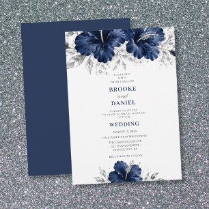Invitación Boda Refined Navy Hibiscus Guirnalda de Plata