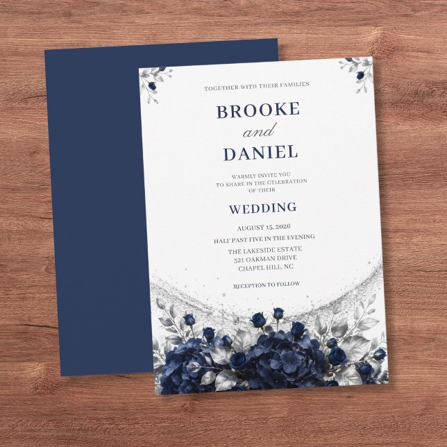 Invitación Boda Refined Navy Hydrangea Silver Shimmer (Subido por el creador)