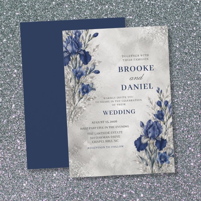 Invitación Boda Refined Navy Iris Freesia Brillo de Plata (Subido por el creador)
