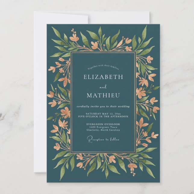 Invitación Boda Refined Woodland Azul Turquesa (Anverso)