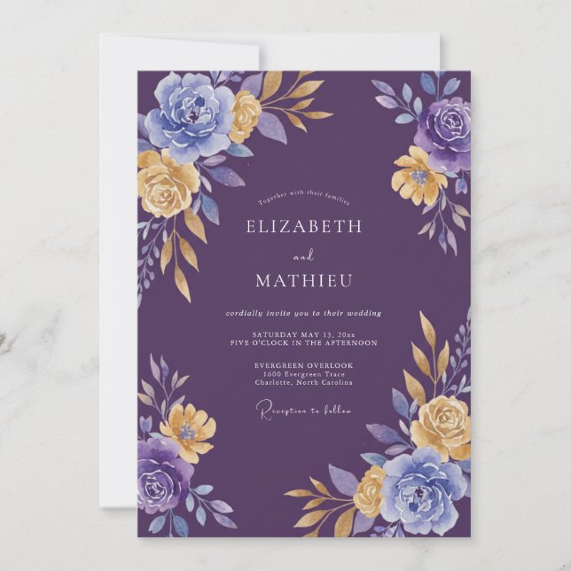 Invitación Boda Regia Refinada de Púrpura Profunda (Anverso)