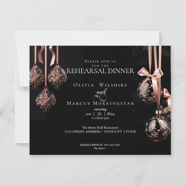 Invitación BODA REHEARSAL | Balbuceos rosados y onyx de invie (Anverso)