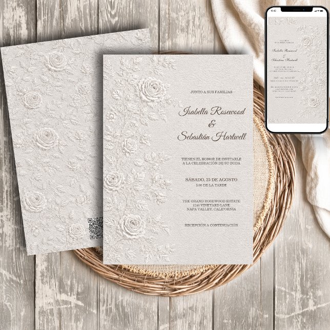 Invitación Boda Relieve Marfil Rosas Código QR (Subido por el creador)
