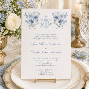 Invitación Boda Religiosa Floral Azul Católica María