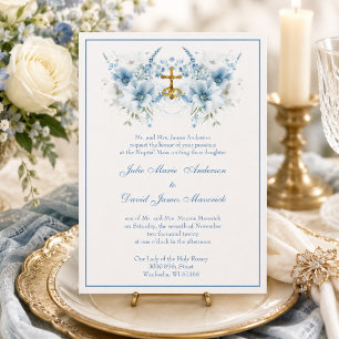 Invitación Boda religiosa floral azul clásica católica