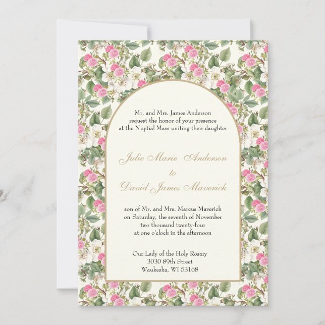Invitación Boda religioso de Flores Blancas y Rosa (Anverso)